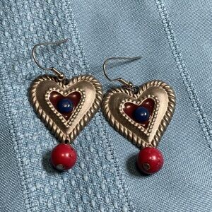 Silvertone and Red Heart Earrings
